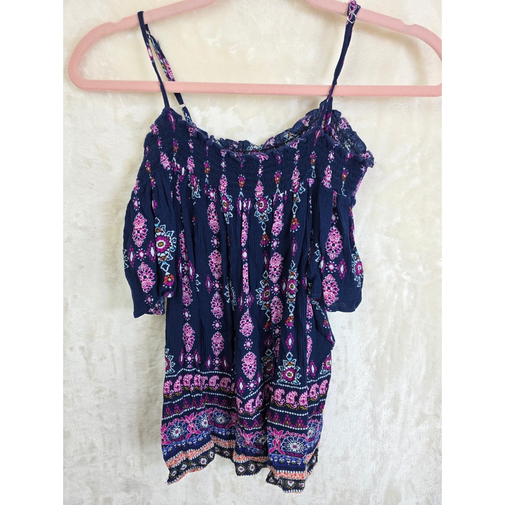 Meraki Womens Medallion Paisley Off Shoulder‎ Smocked Blouse Navy Pink Size M